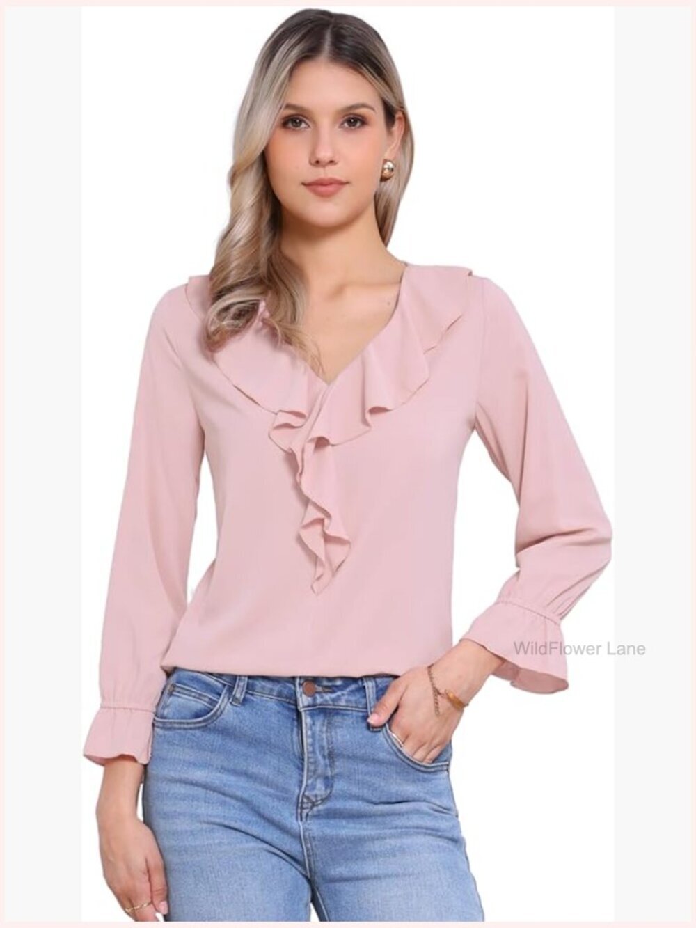 V Neck Ruffle Blouse Long Sleeve Lightweight Pullover Office Elegant Georgette